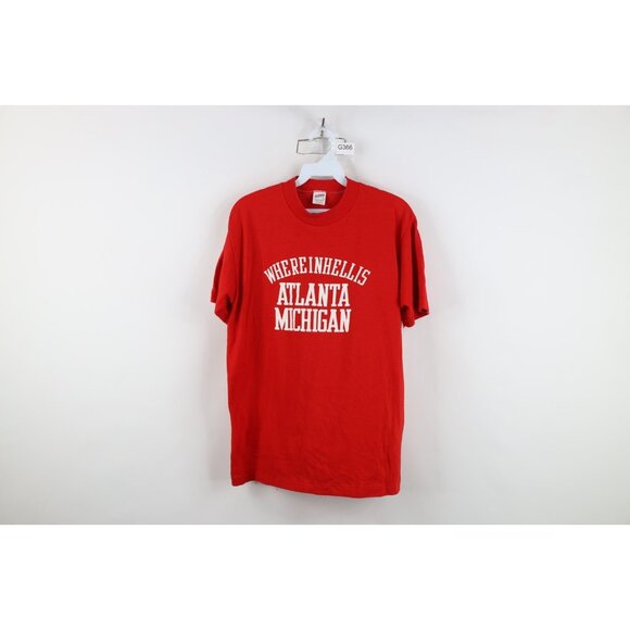Vintage 70s Mens Size Large Where In Hell Is Atlanta Michigan T-Shirt Red USA - Picture 1 of 14